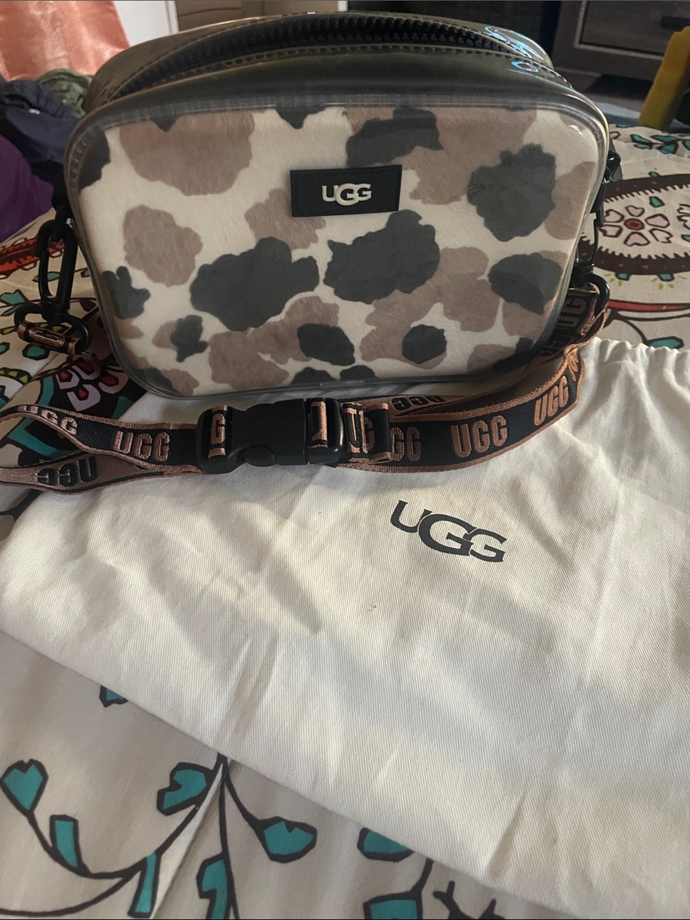 UGG Leopard-Print Clear-Trim Crossbody in Brown and Black